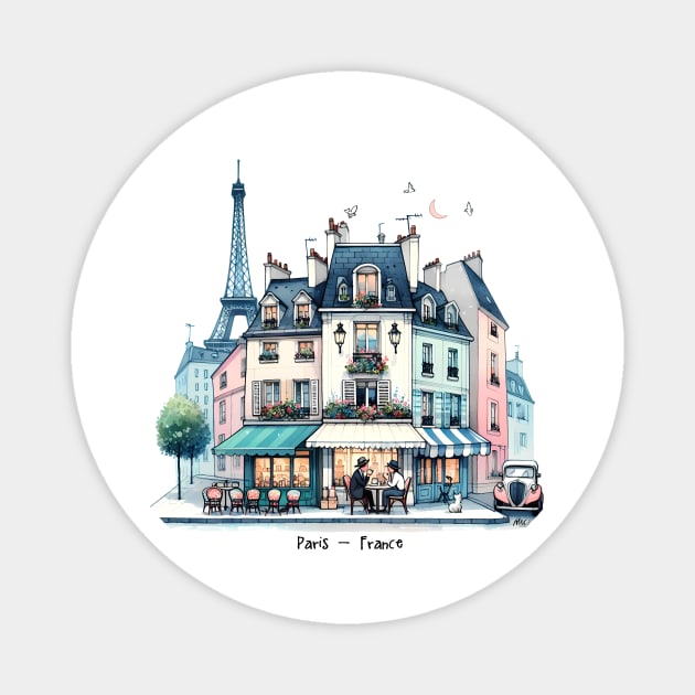 Paris France Eiffel Tower Graphic Tee, Watercolor Café Art Magnet by Mad Monkey Creations